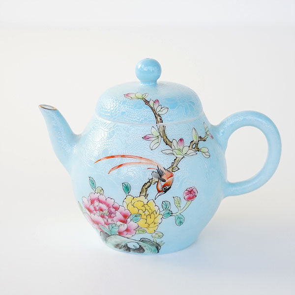 【001】景徳鎮粉彩扒花 磁器ポット 淡藍（花鳥） 155ml